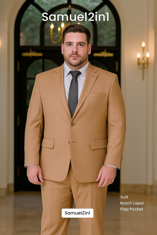 クリーム色の新仕立てスーツ（3XL～6XL） – ノッチラペル、フラップポケット