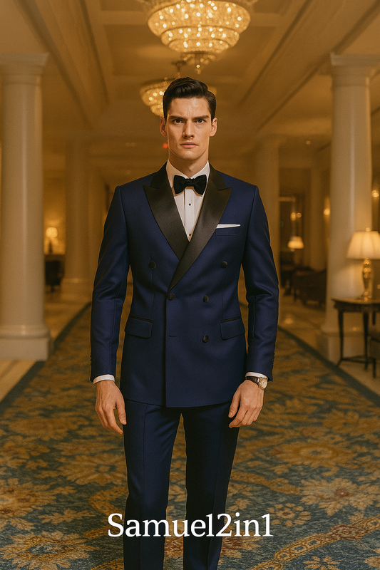 สูททักซิโด้สองแถวสีน้ำเงินกรมท่าสุดหรู | Navy Double-Breasted Tuxedo – Samuel2in1