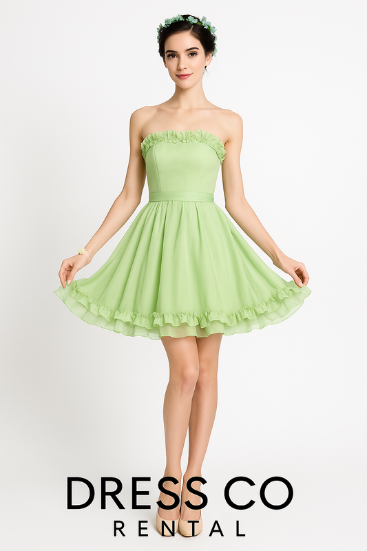 เดรสเขียวระบายสั้น / Green Ruffle Short Dress