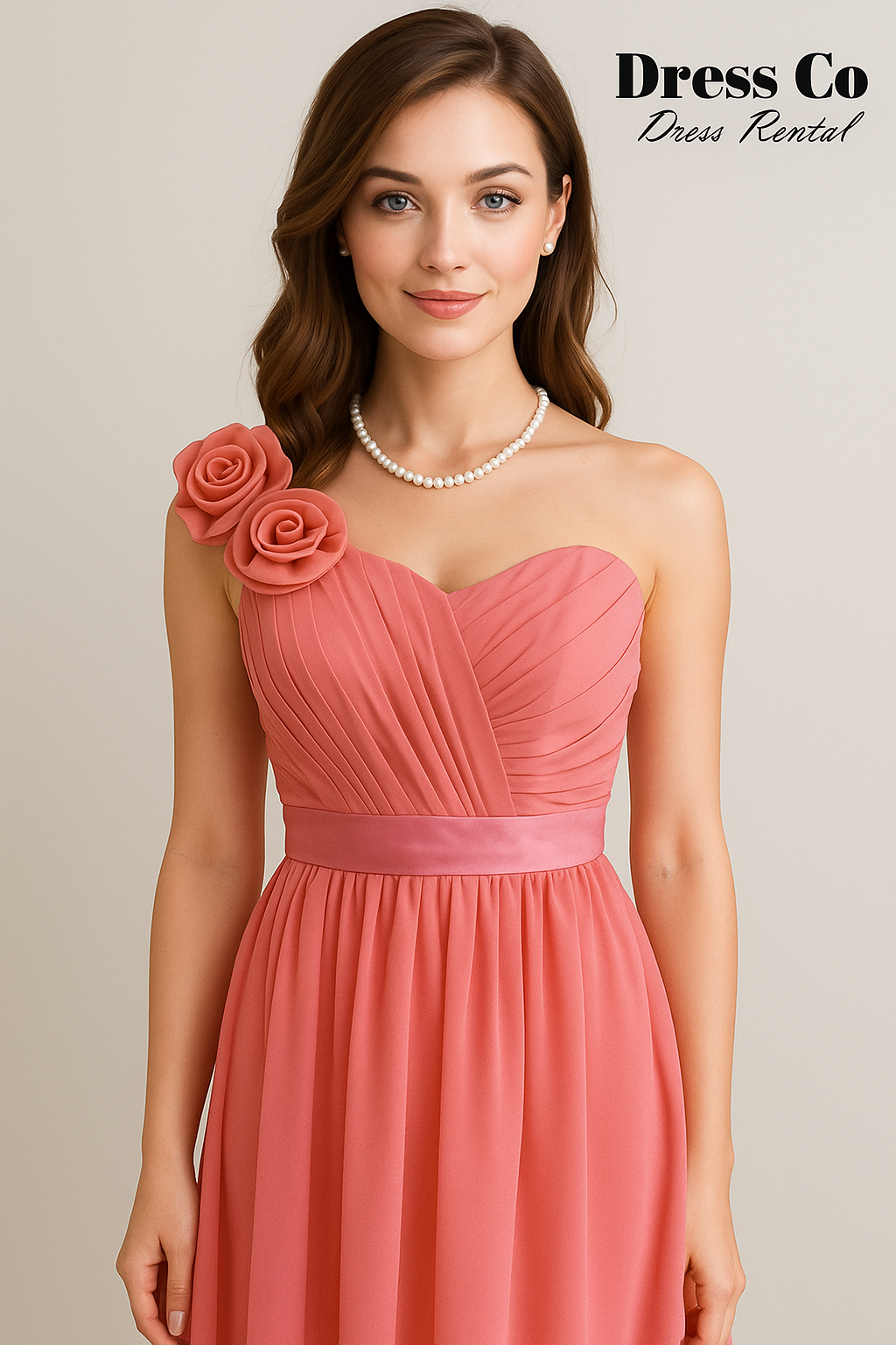 เดรสชมพูโรสเปิดไหล่ | Coral Rose One-Shoulder Dress