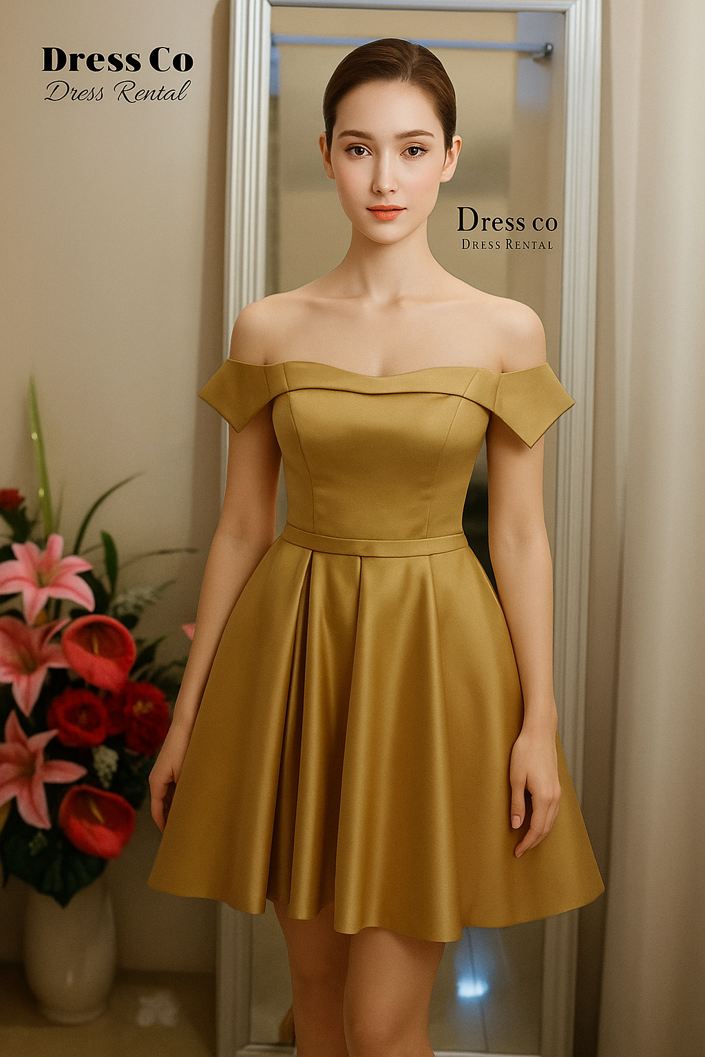 เดรสเปิดไหล่ผ้าซาตินสีทอง | Gold Off-Shoulder Satin Dress