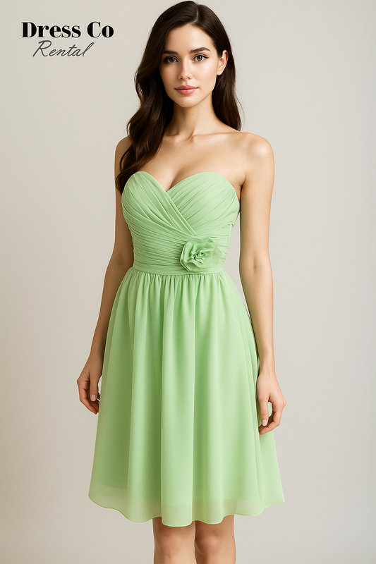 เดรสเขียวมิ้นท์เปิดไหล่จับจีบ | Mint Green Pleated Strapless Dress