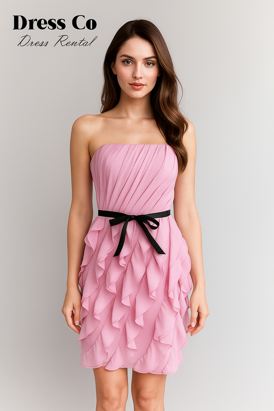 เดรสชมพูสายเดี่ยวแต่งริบบิ้นดำ | Pink Strapless Dress with Black Ribbon