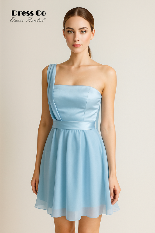 เดรสฟ้าเปิดไหล่ข้างเดียว | Light Blue One-Shoulder Dress